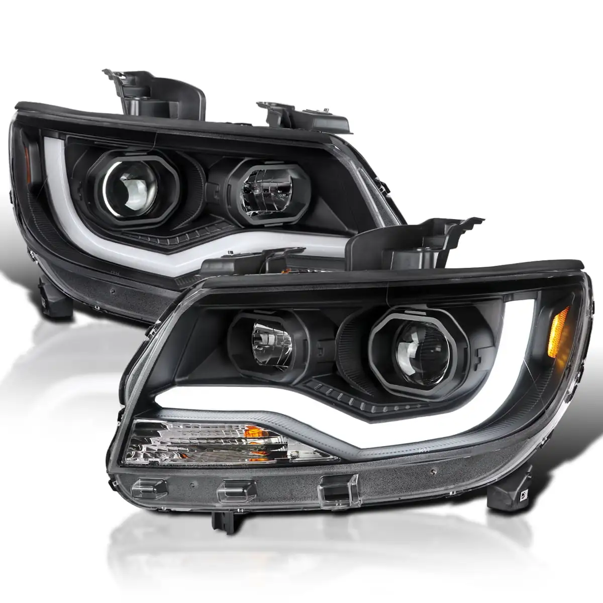 Spec-D Tuning LED Light Bar Black Housing Clear Lens Projector Headlights Compatible with 2015-2022 Chevy Colorado. Left + Right Pair Headlamps Assembly