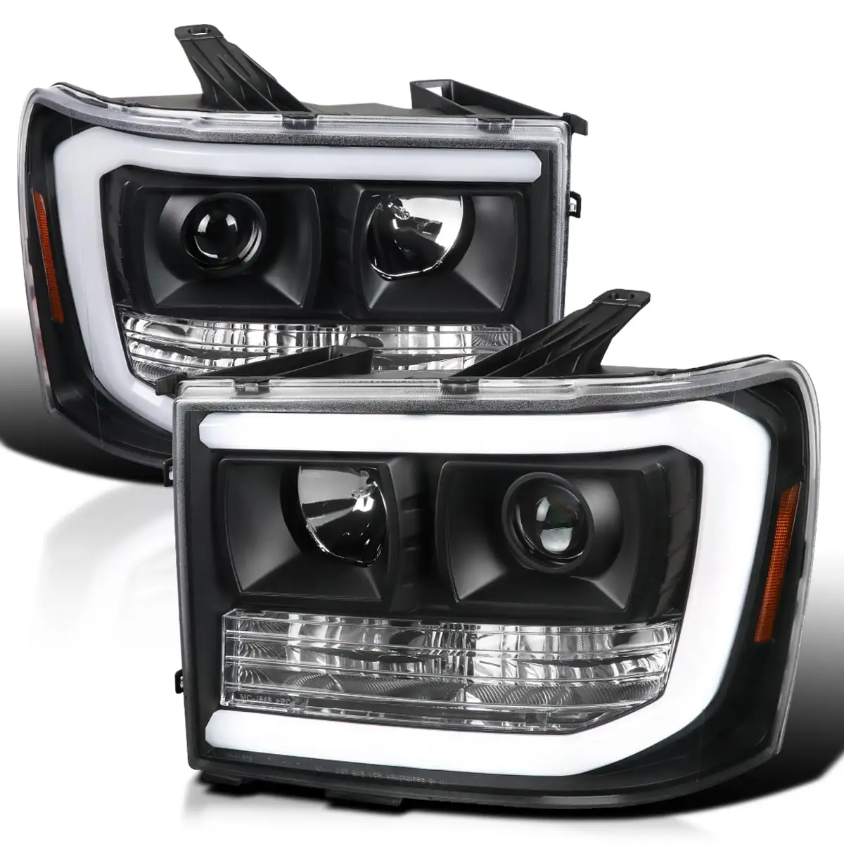 Spec-D Tuning LED Light Bar Black Projector Headlights Compatible with 2007-2013 GMC Sierra 1500 2500HD 3500HD Left + Right Pair Headlamps Assembly