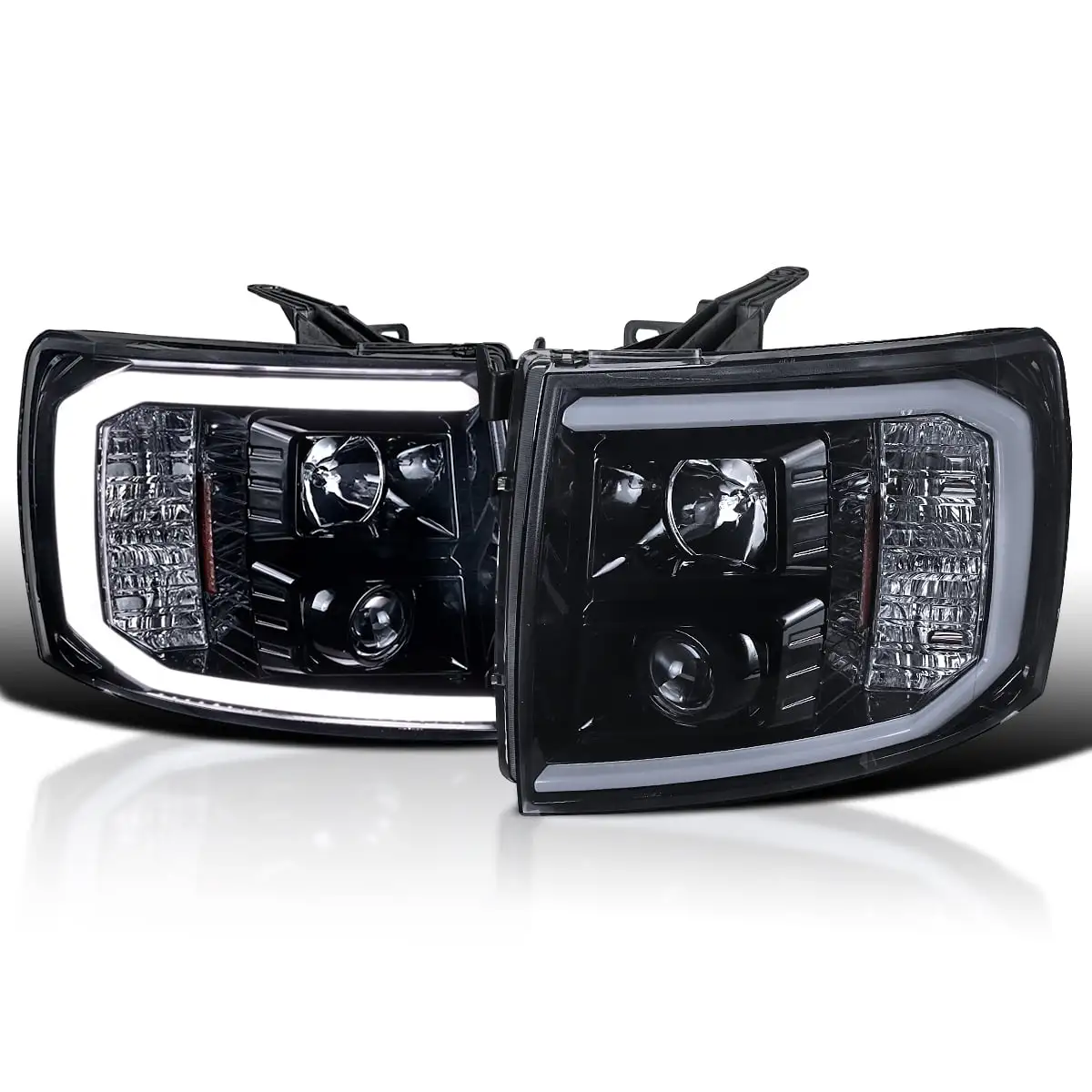 Spec-D Tuning LED Light Bar Glossy Black Housing Smoke Lens Projector Headlights Lamps Compatible with 2007-2013 Chevy Silverado 1500. Left + Right Pair Headlamps Assembly