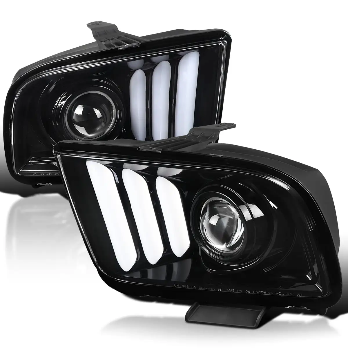 Spec-D Tuning LED Light Bar Jet Black Housing Clear Lens Projector Headlights Compatible with 2005-2009 Ford Mustang. Left + Right Pair Headlamps Assembly