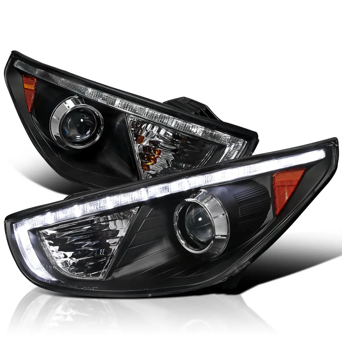 Spec-D Tuning LED R8 Style Projector Headlights Black Compatible with 2010-2013 Hyundai Tucson Left + Right Pair Headlamps Assembly