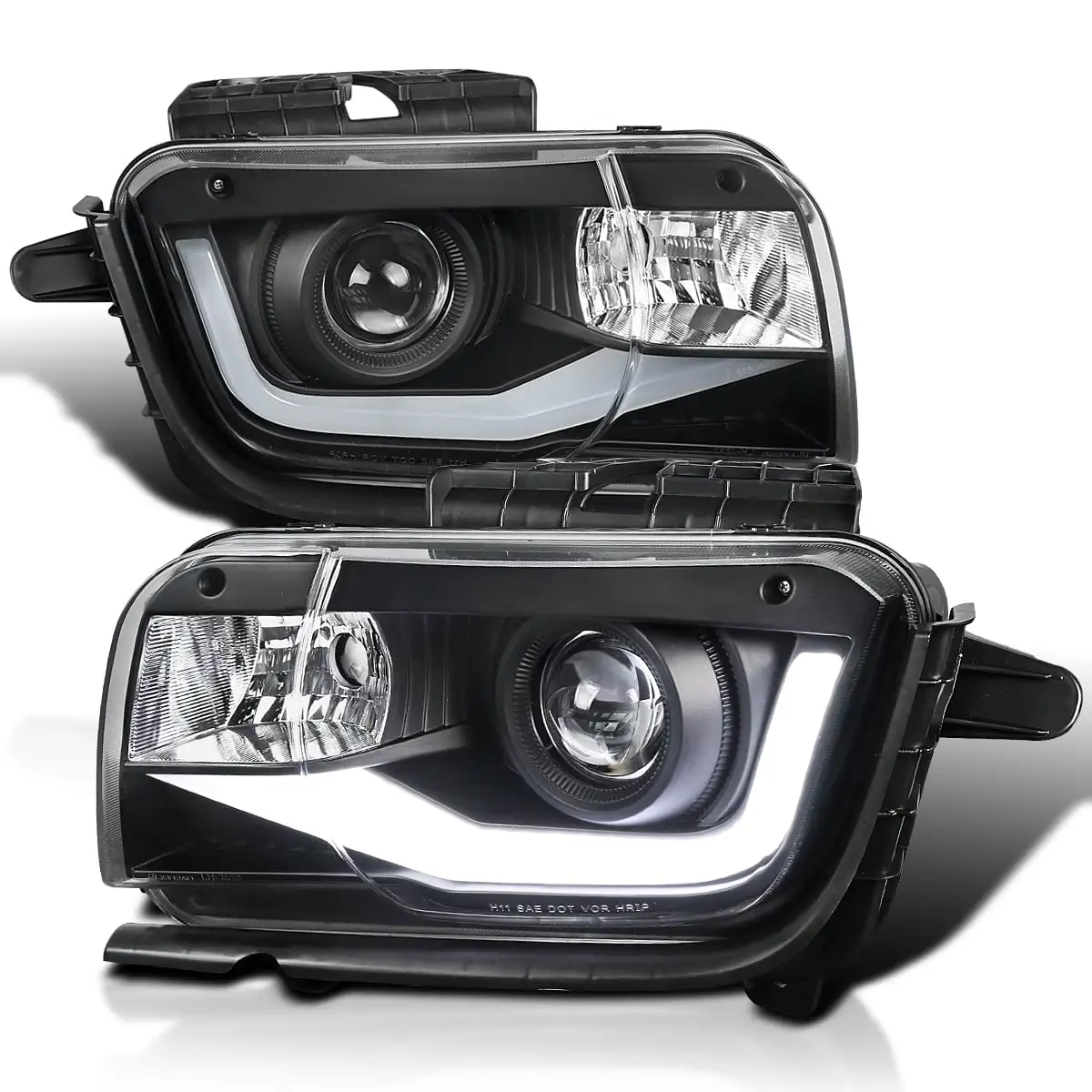 Spec-D Tuning LED Tube Black Projector Headlights Compatible with 2010-2013 Chevy Camaro. Left + Right Pair Headlamps Assembly