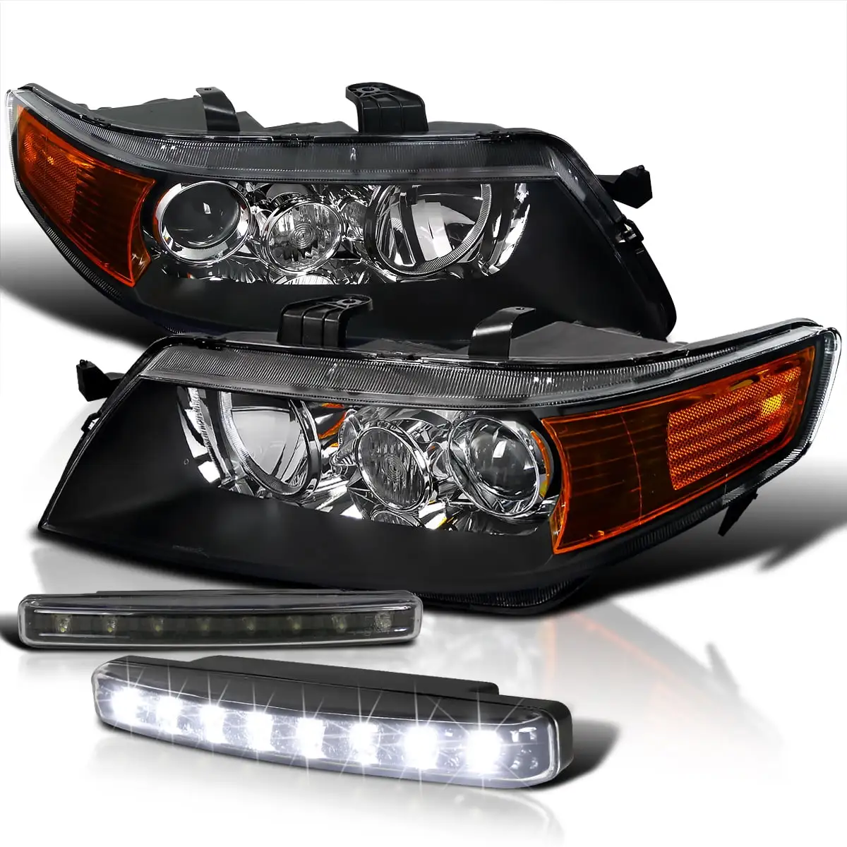 Spec-D Tuning Projector Headlights Black Housing Clear Lens + 8 LED Fog Lights Compatible with Acura TSX Left + Right Pair Headlamps Assembly