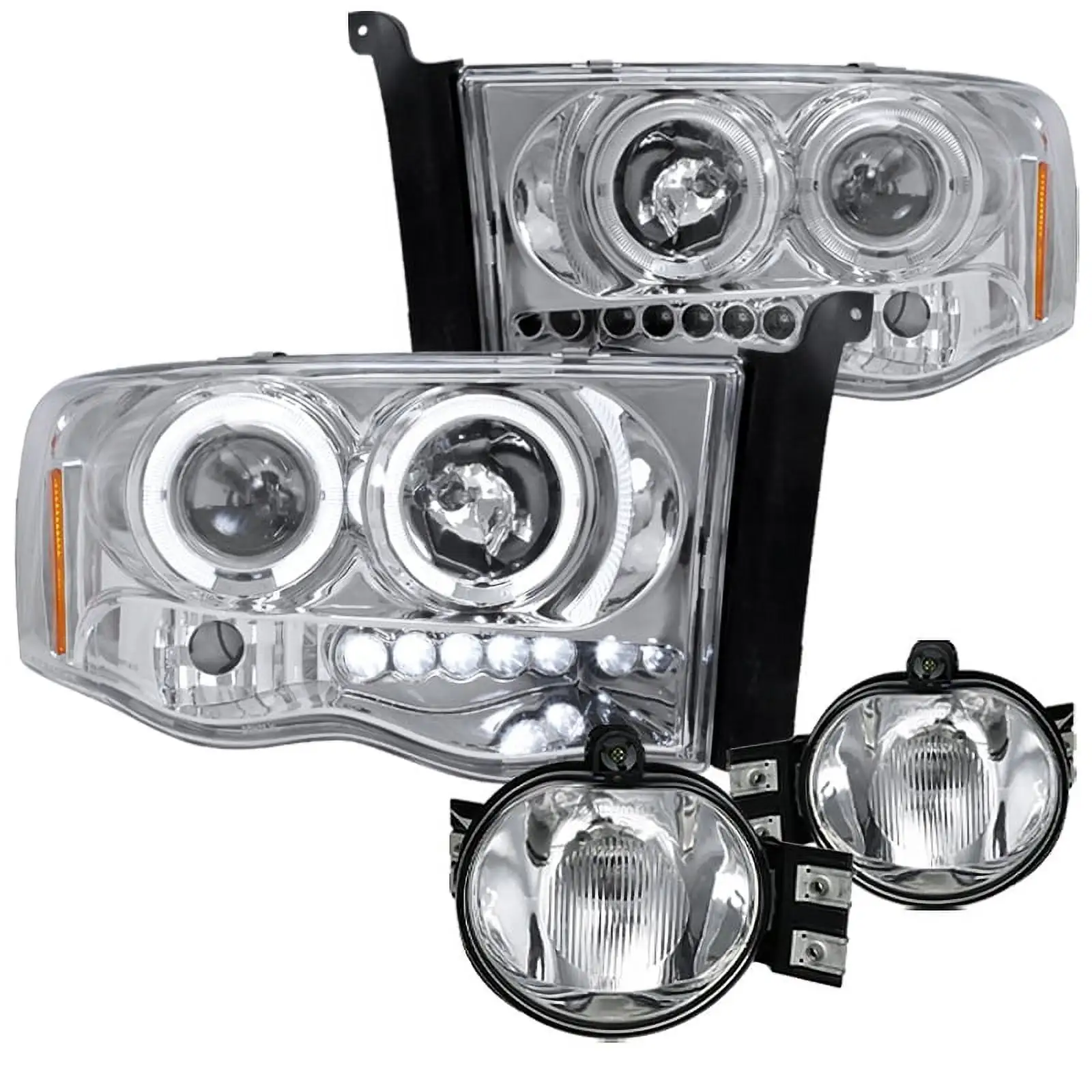 Spec-D Tuning Projector Headlights + Fog Lights Set Compatible with 2002-2005 Dodge Ram Left + Right Pair Headlamps Assembly