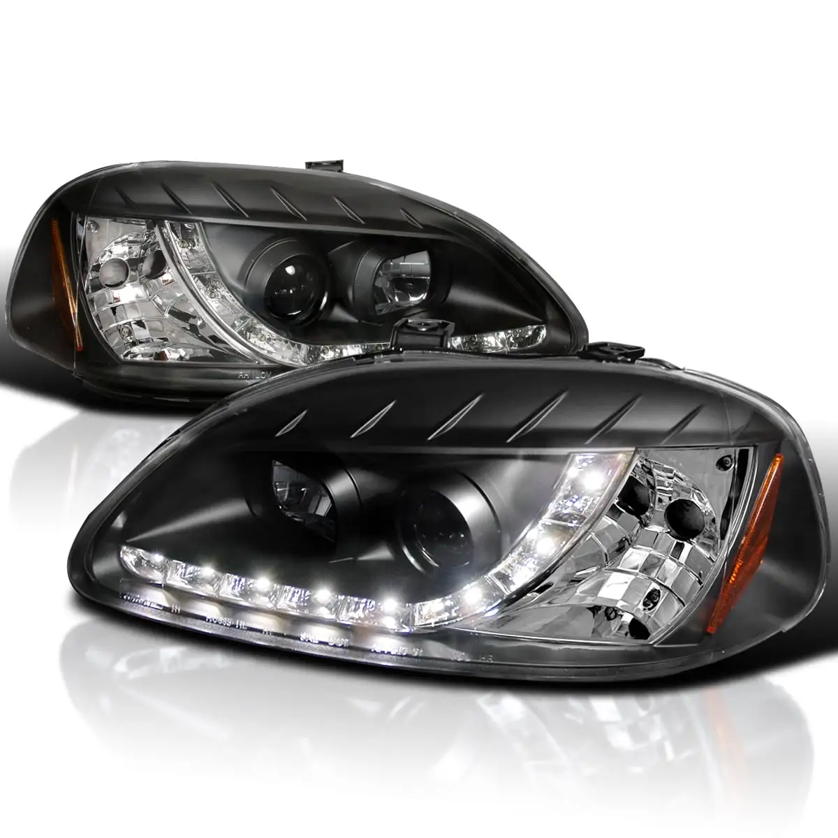 Spec-D Tuning R8 LED Projector Headlights Black Compatible with 1996-1998 Honda Civic Left + Right Pair Headlamps Assembly