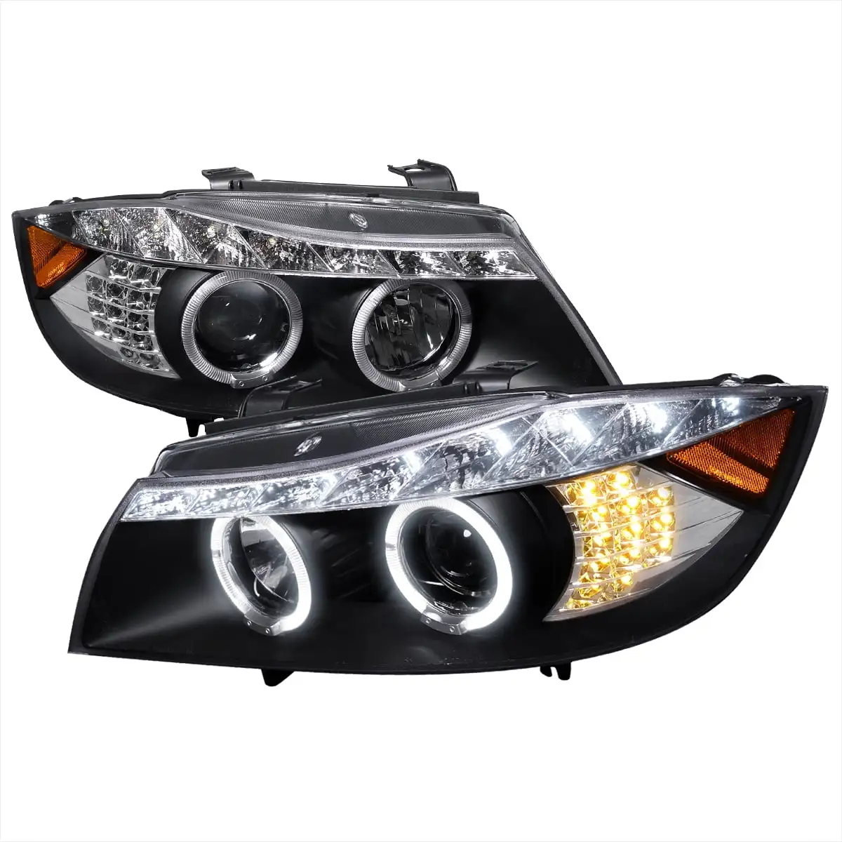 Spec-D Tuning R8 Style LED Signal Eyelid Black Projector Headlights Compatible with 2006-2008 BMW E90 3-Series 4Dr With Stock Halogen Headlight. Left + Right Pair Headlamps Assembly