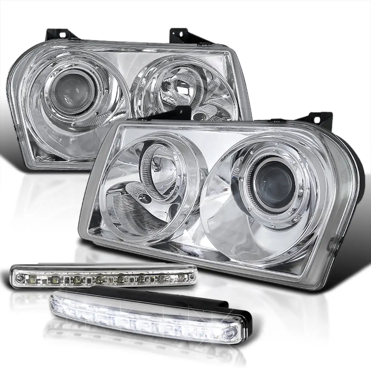 Spec-D Tuning Replacement Clear Projector Headlights + 8-LED Bumper Fog Lamps Compatible with 2005-2010 Chrysler 300 Left + Right Pair Headlamps Assembly