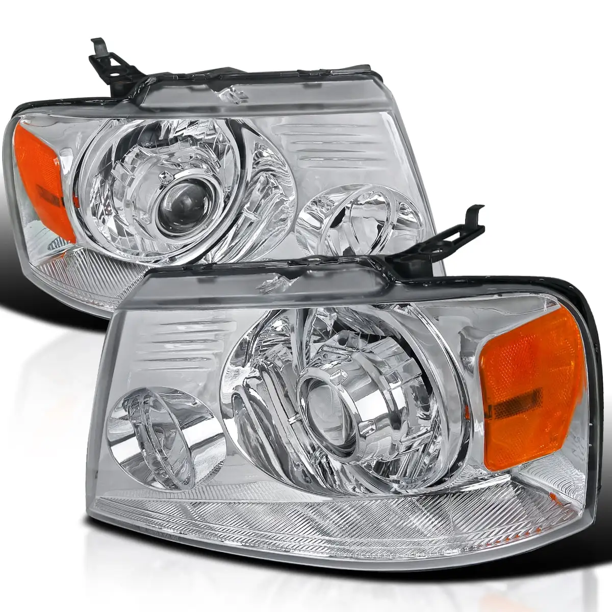 Spec-D Tuning Retrofit Style Chrome Housing Clear Lens Projector Headlights Compatible with 2004-2008 Ford F150. 2006-2008 Lincoln Mark LT. Left + Right Pair Headlamps Assembly