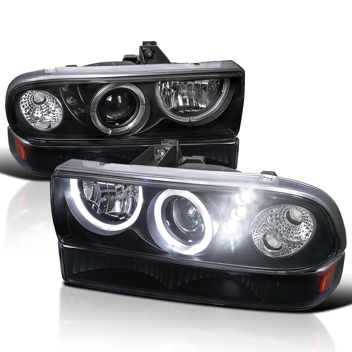 Spec-D Tuning S10 Blazer Black Dual Halo Projector SMD LED Headlights + Bumper Lights Lamps Compatible with 1998-2004 Chevy Left + Right Pair Headlamps Assembly