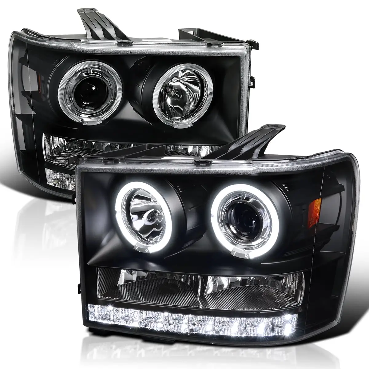 Spec-D Tuning SMD LED Dual Halo Projector Black Headlights Compatible with 2007-2013 GMC Sierra 1500/1500HD/2500HD/3500HD. Left + Right Pair Headlamps Assembly