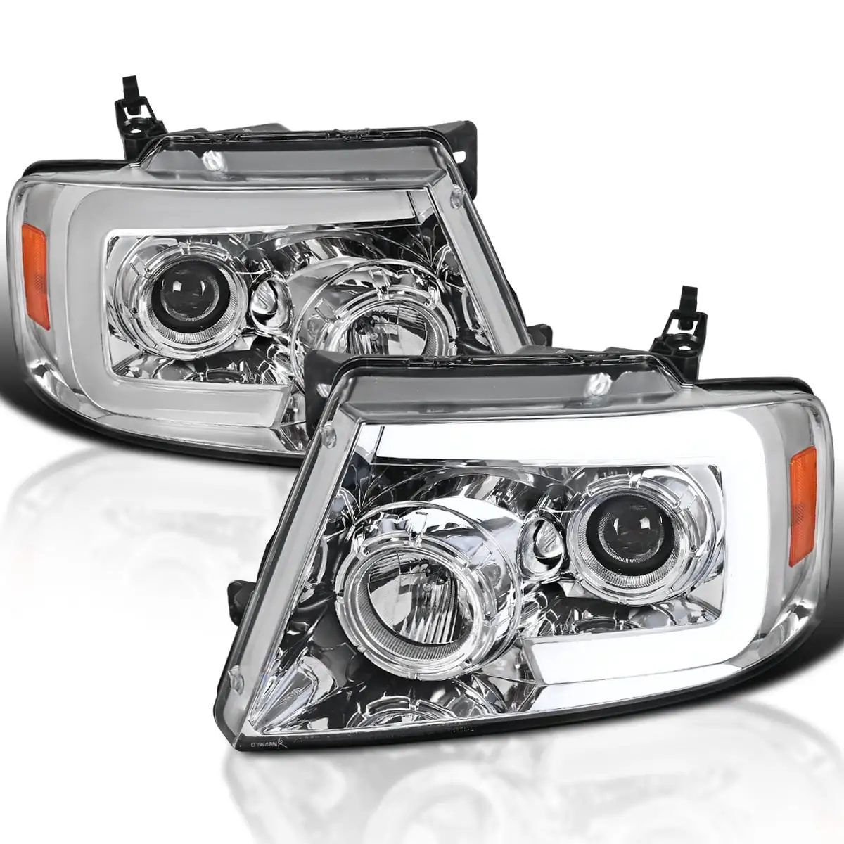 Spec-D Tuning Sequential LED Light Bar Signal Chrome Housing Clear Lens Projector Headlights Compatible with 2004-2008 Ford F150. 2006-2008 Lincoln Mark LT. Left + Right Pair Headlamps Assembly