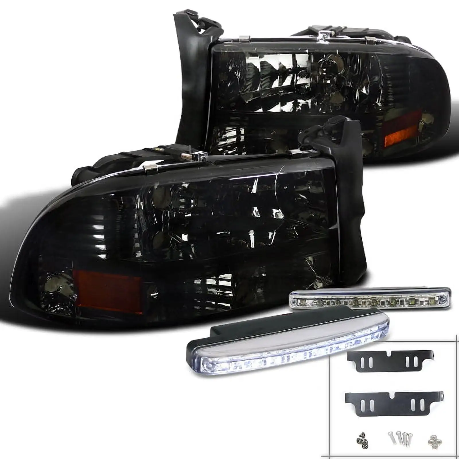 Spec-D Tuning Smoke Headlight + Led Bumper Fog Light for 1997-2004 Dodge Dakota Durango Left + Right Pair