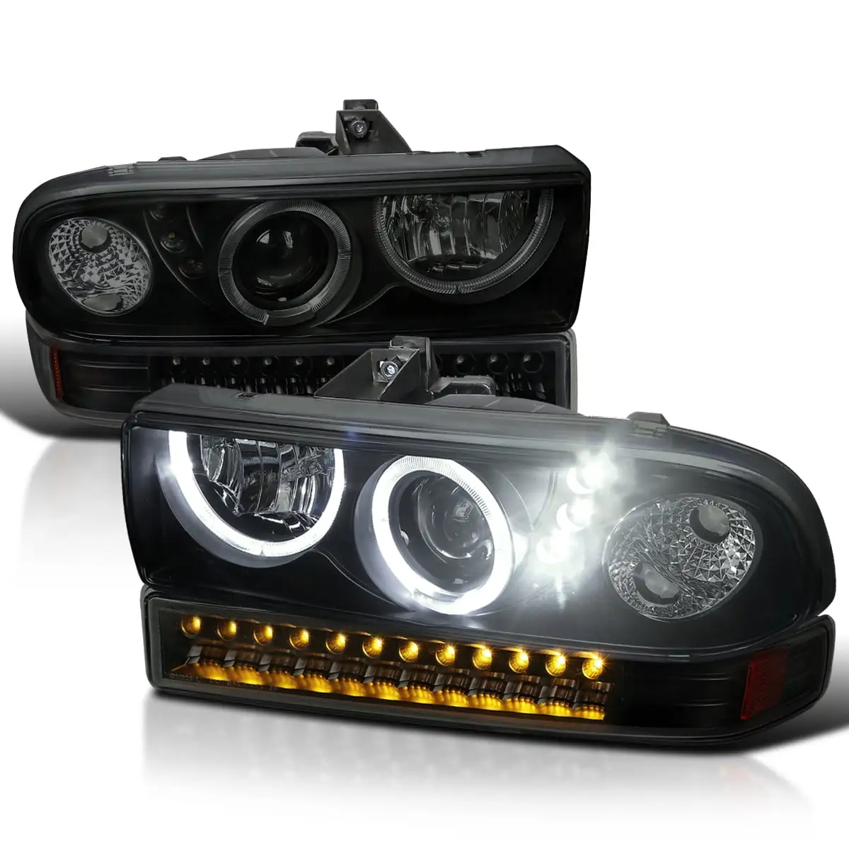 Spec-D Tuning Smoke Lens LED Halo Projector Headlights +LED Bumper Lights Compatible with 1998-2004 Chevy S10 Pickup. 1998-2004 Chevy Blazer. Left + Right Pair Headlamps Assembly