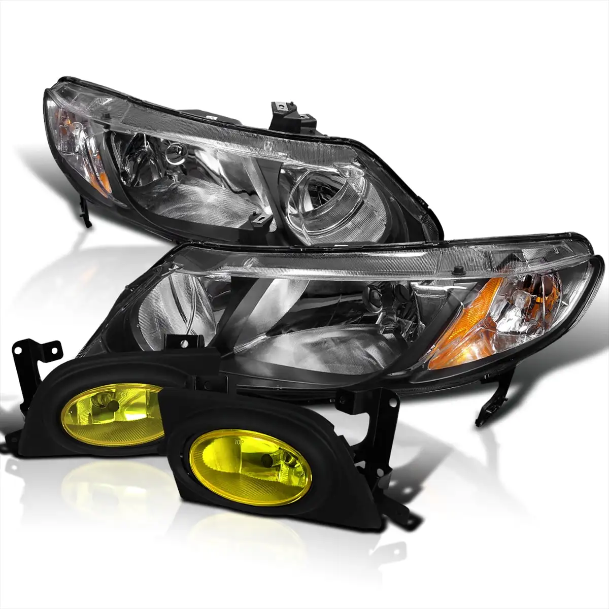 Spec-D Tuning for Honda Civic 4 Door Black Headlights. Yellow Fog Lights Lamps