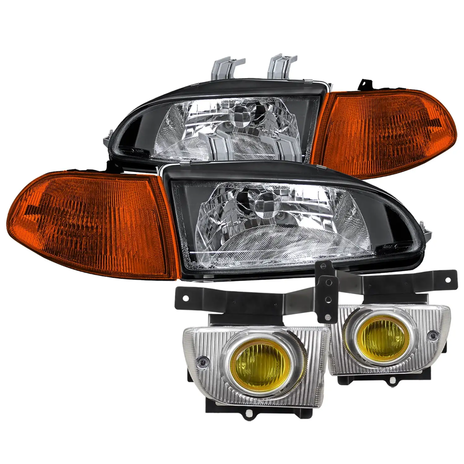 Spec-D Tuning for Honda Civic 4Dr Black Headlights+Amber Corner Lights+Yellow Fog Light Kit