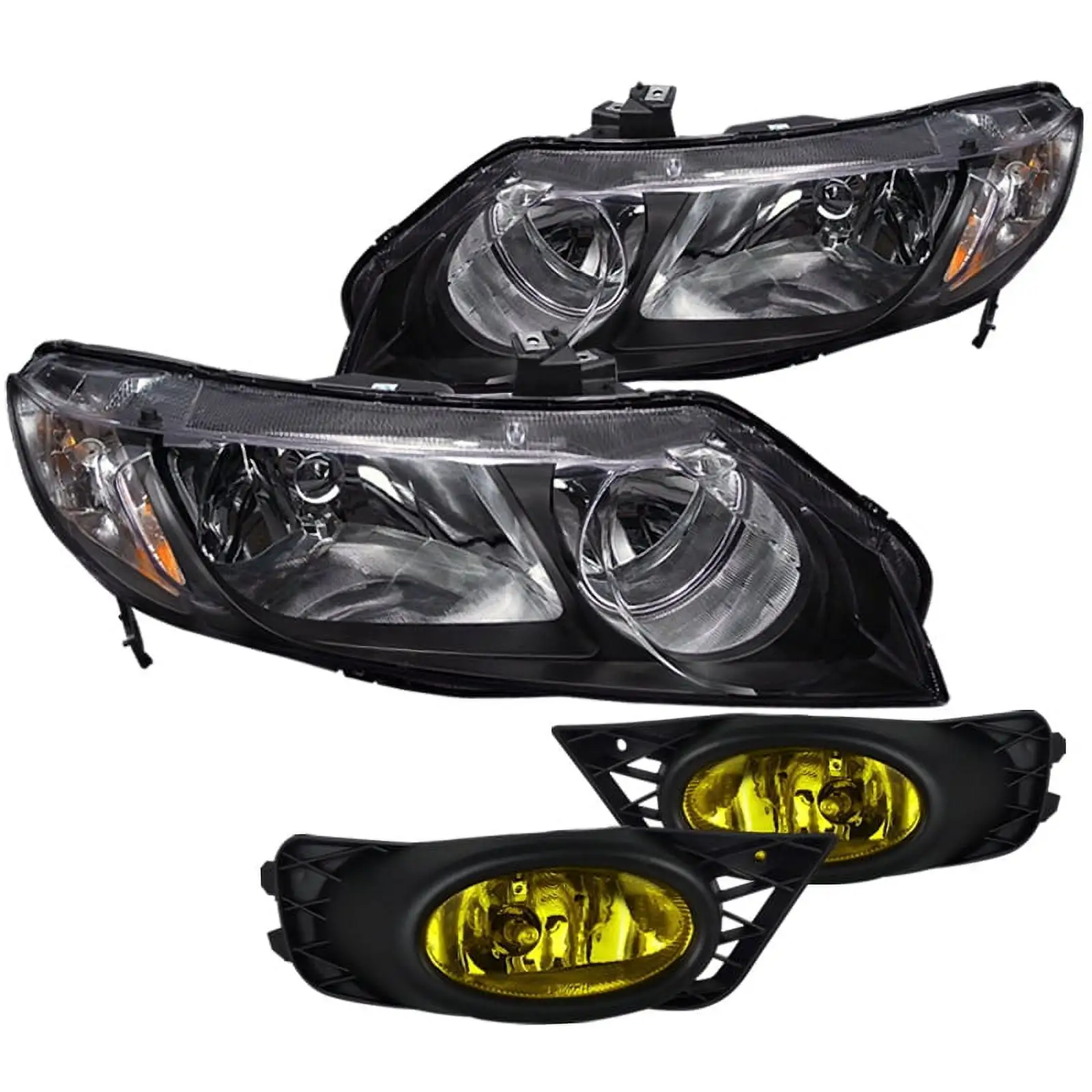 Spec-D Tuning for Honda Civic 4Dr Crystal Black Headlights+Yellow Bumper Fog Lights