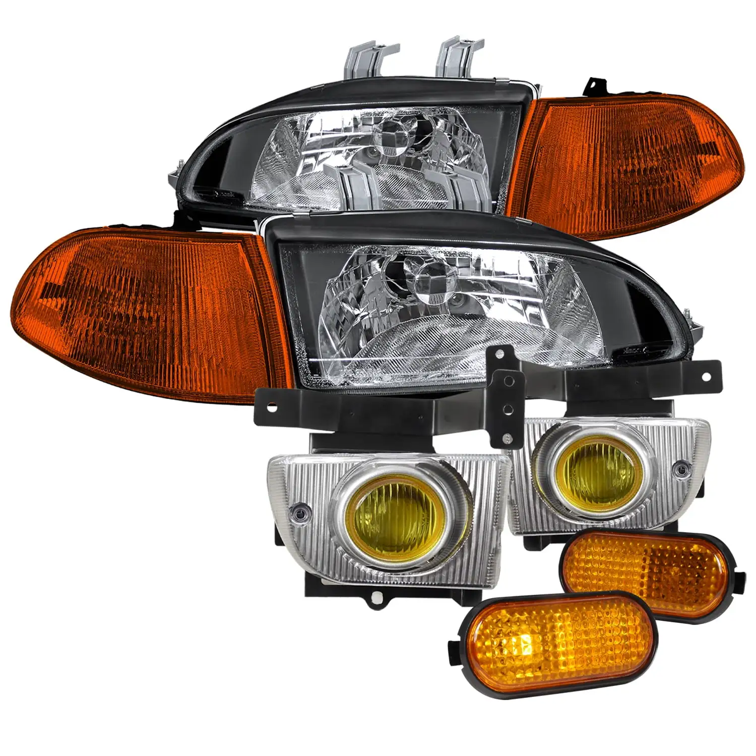 Spec-D Tuning for Honda Civic Sedan Black Headlights+Amber Corner Lamps+Side Markers+Fog Lights