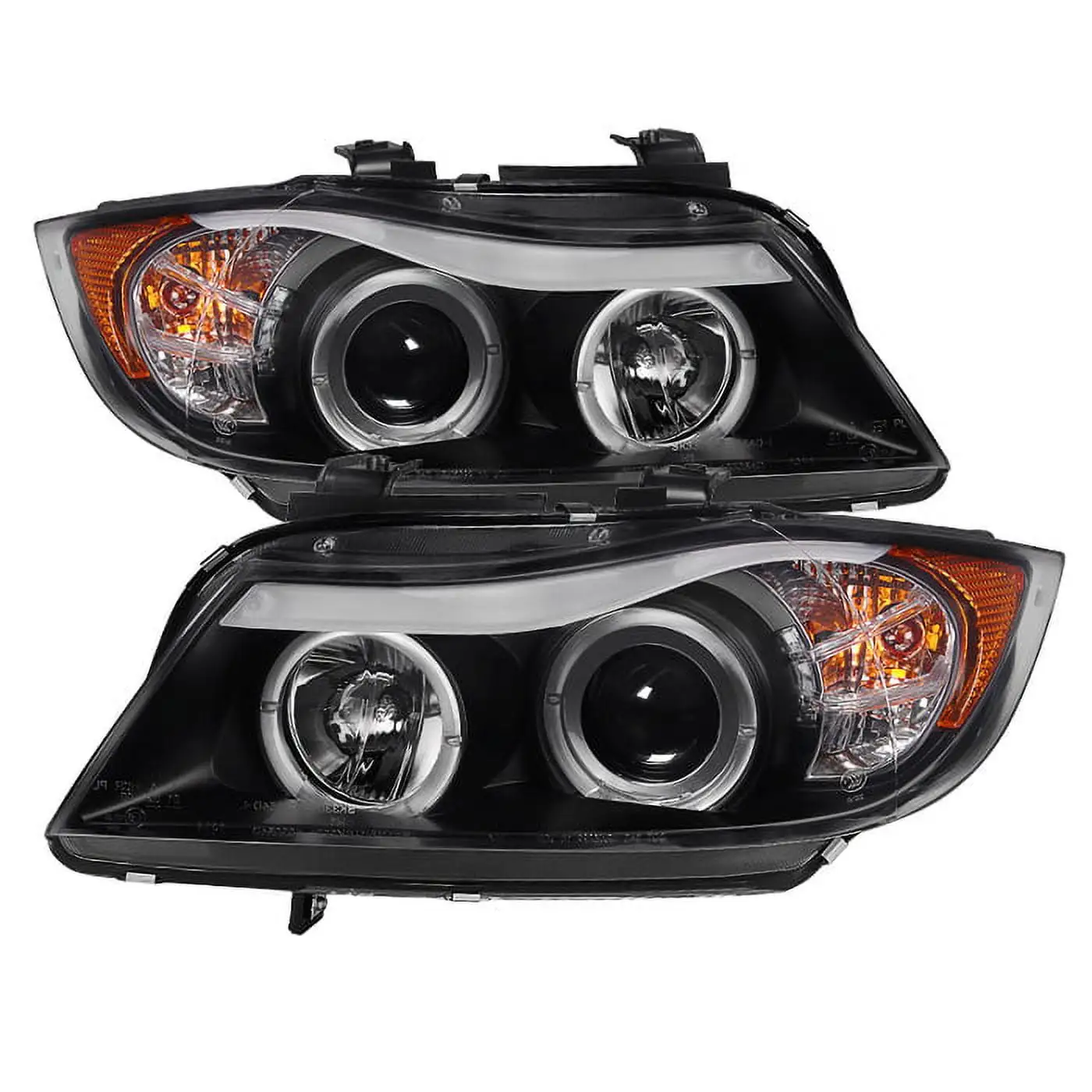 Spyder BMW E90 3-Series 06-08 4DR Projector Headlights - LED Halo - Amber Reflector - Replaceable Eyebrow Bulb - Black - High H1 (Included) - Low H7