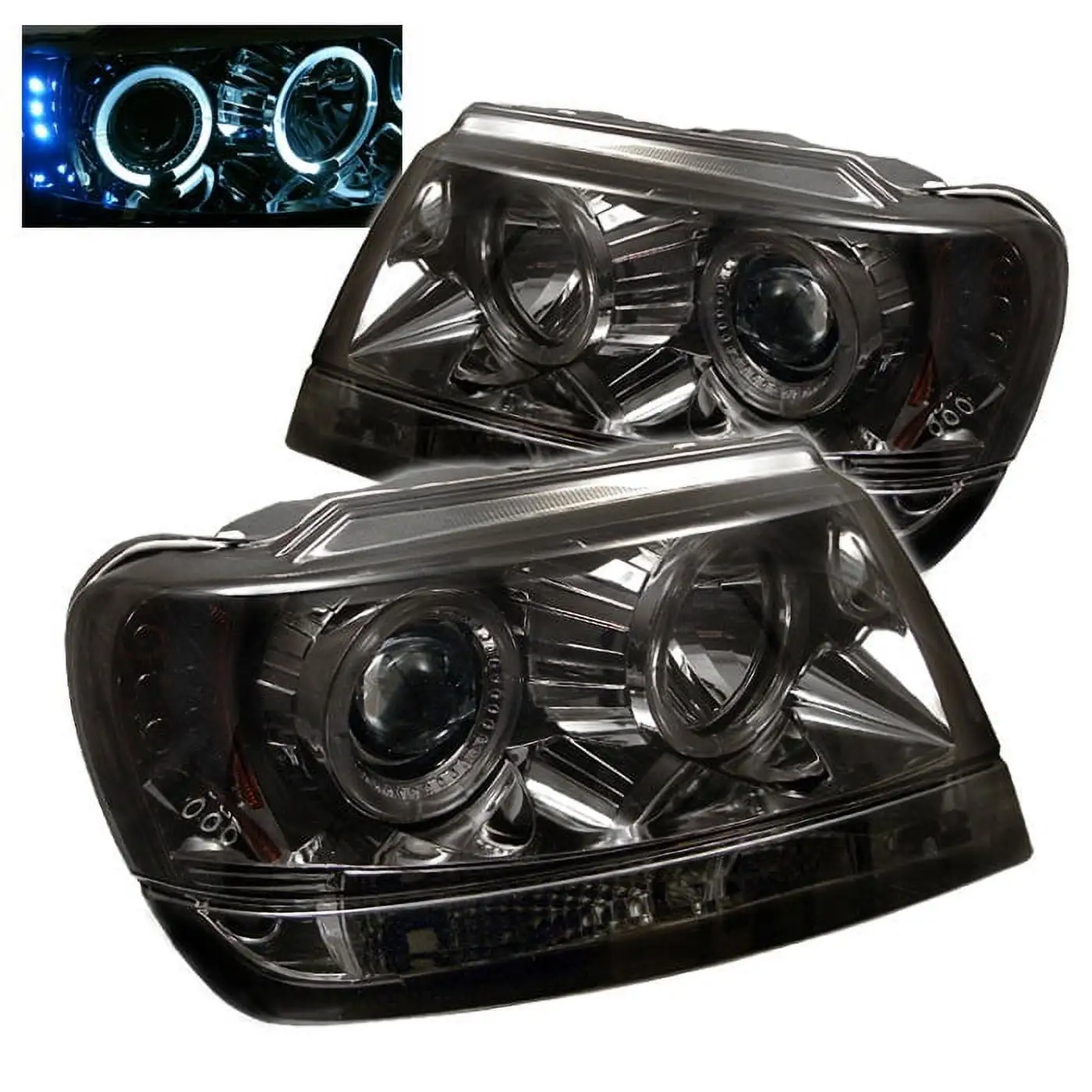 Spyder Jeep Grand Cherokee 99-04 Projector Headlights - LED Halo - LED ( Replaceable LEDs ) - Smoke - High 9005 (Not Included) - Low 9006 (Not Includ