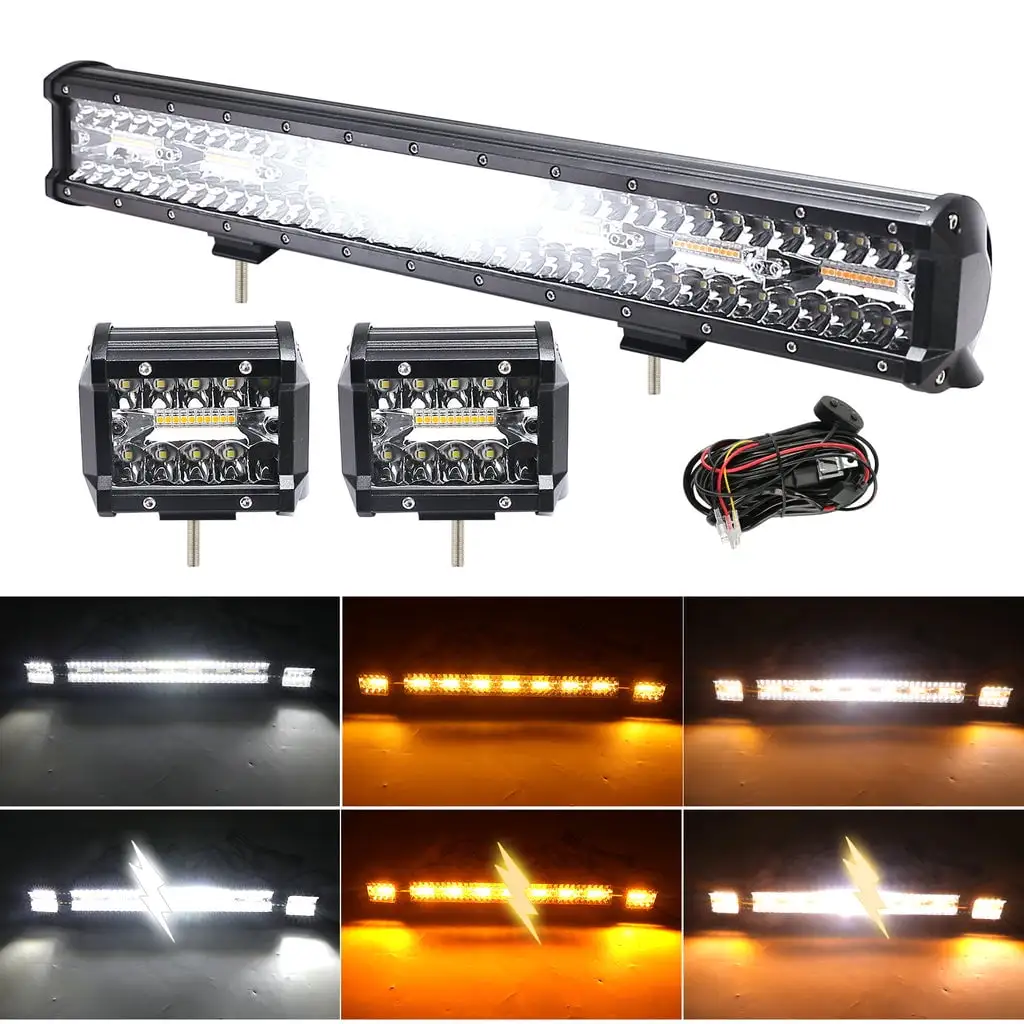 Sunpie 6 Modes White & Amber LED 420W 20 LIght Bar & 2PCS 60W 4 Wrok Lights for SUV ATV UTV TRUCKS PICKUP BOAT