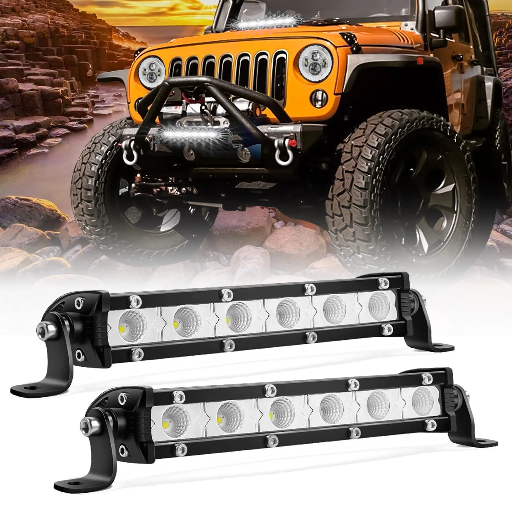 Tesfeel 7 inch LED Light Bar Slim Single Row LED Light Bar off Road Lights LED Work Light for Trucks Pickup Car ATV UTV SUV