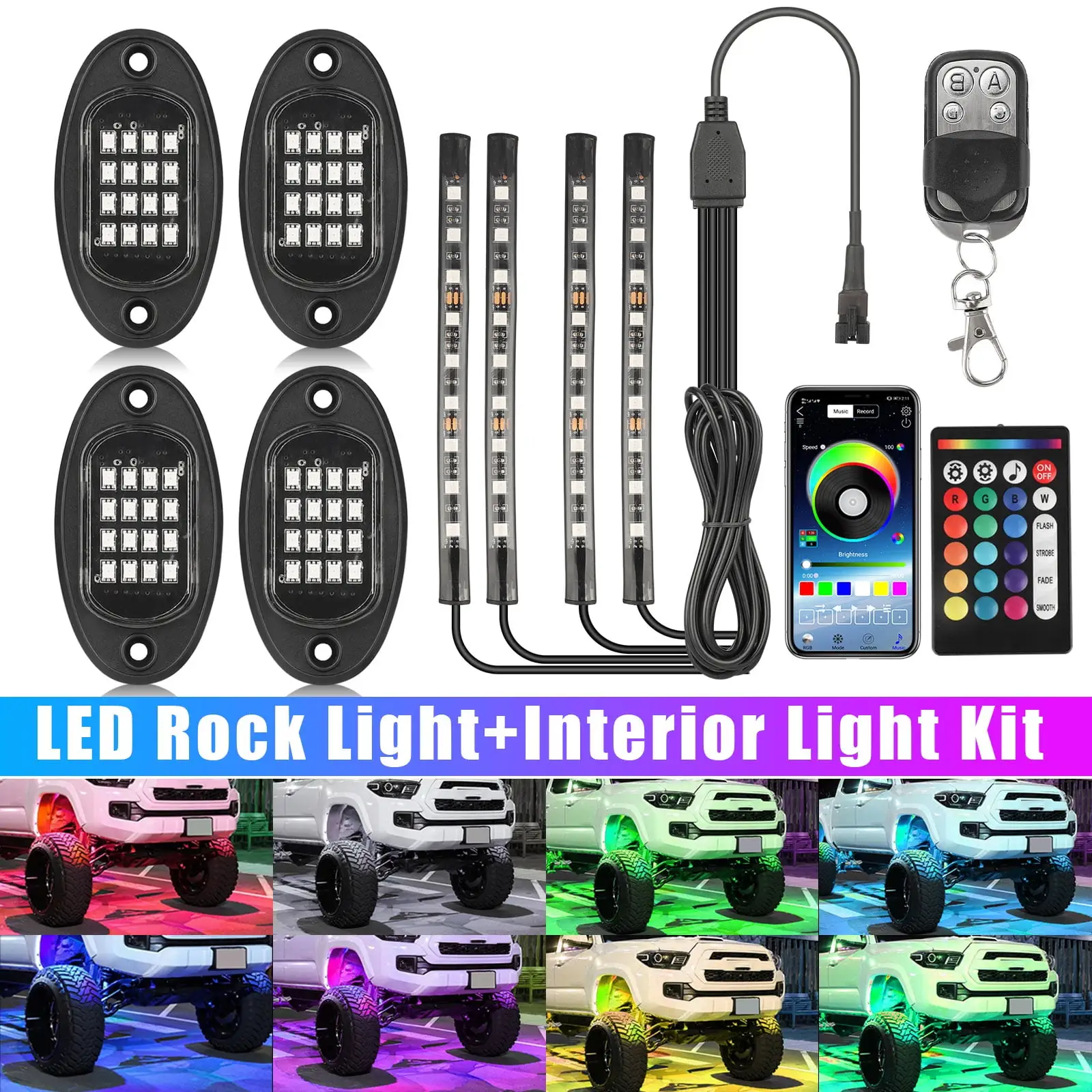 Truck LED Rock Lights. TSV 64 LEDs Multi-Color Truck Bed Light Kit with Remote Controller. RGB Waterproof Under Body Lighting