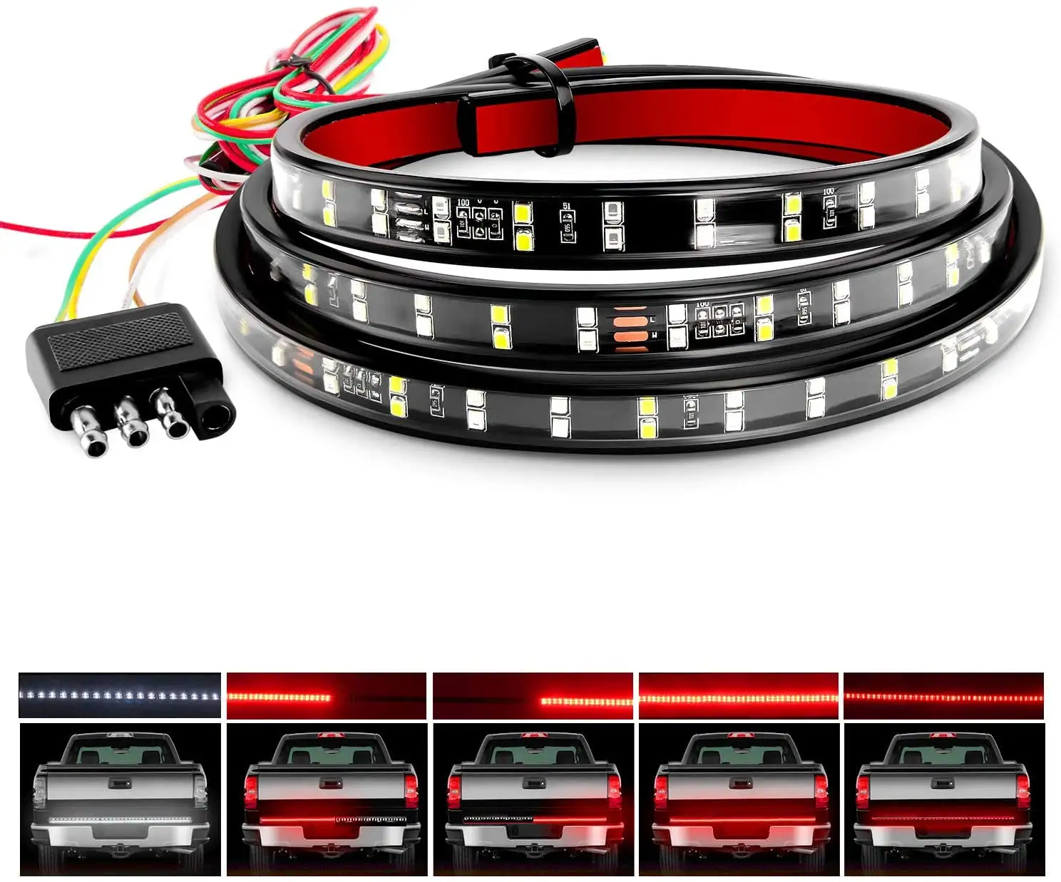 Truck Tailgate Bar 60 Triple Row LED Strip with Red Brake White Reverse Sequential Amber Turning Signals Strobe Lights 6 Full Function