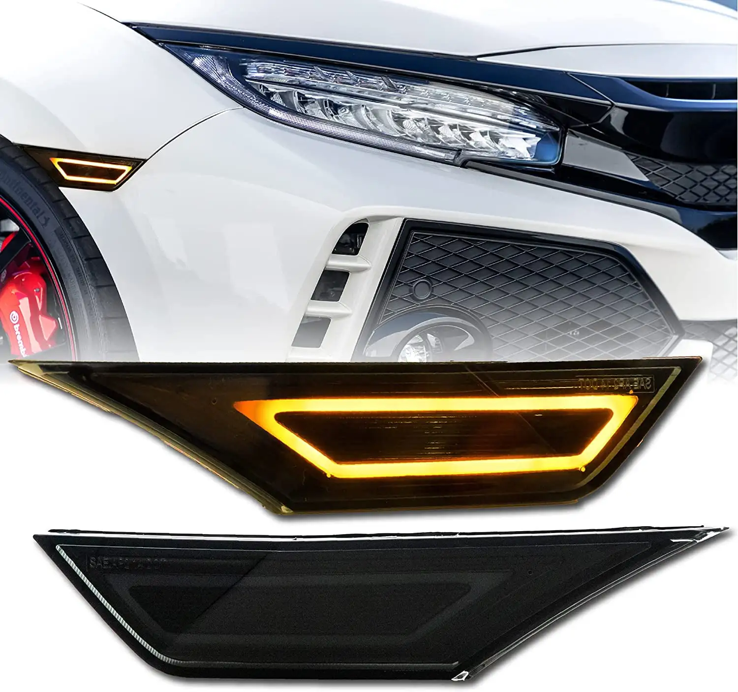 USR DEPO 10th gen civic side markers - 911 Carrera Style LED Light Bar Smoke Front Bumper Sidemarker Lamp Compatible with 2016-2021 Honda Civic Coupe Sedan Hatchback All Models (Smoked Lens Amber LED)