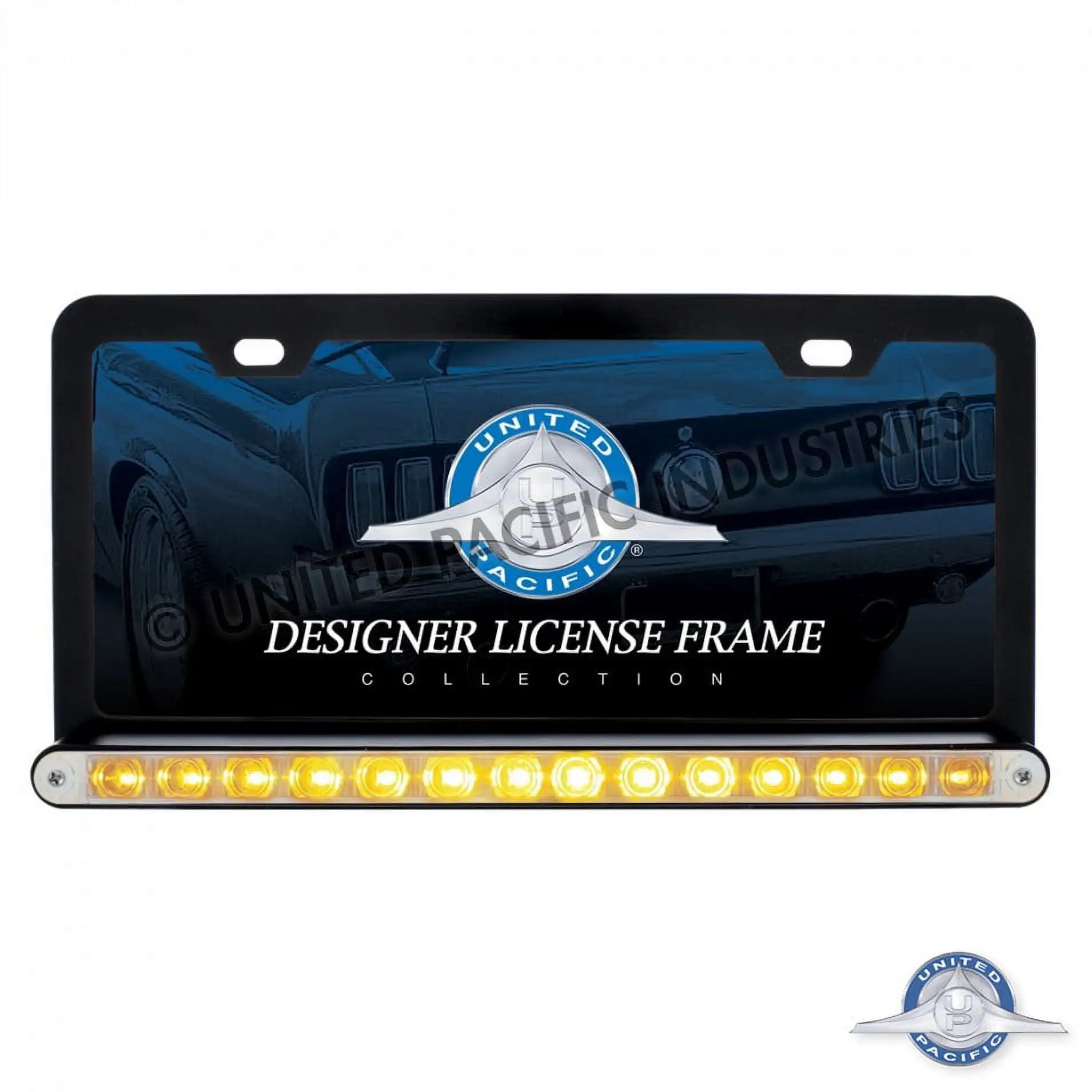 United Pacific Black License Frame With 14 LED 12 in Light Bar - Amber LED/Clear Lens 36474