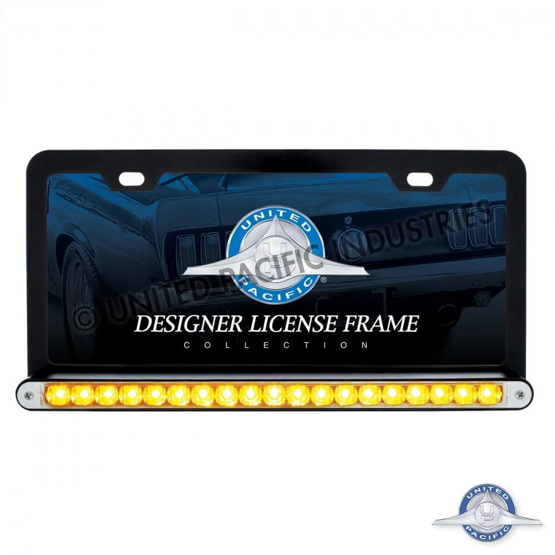 United Pacific Black License Plate Frame w/ 19 LED 12 Reflector Light Bar - Amber LED/Clear Lens