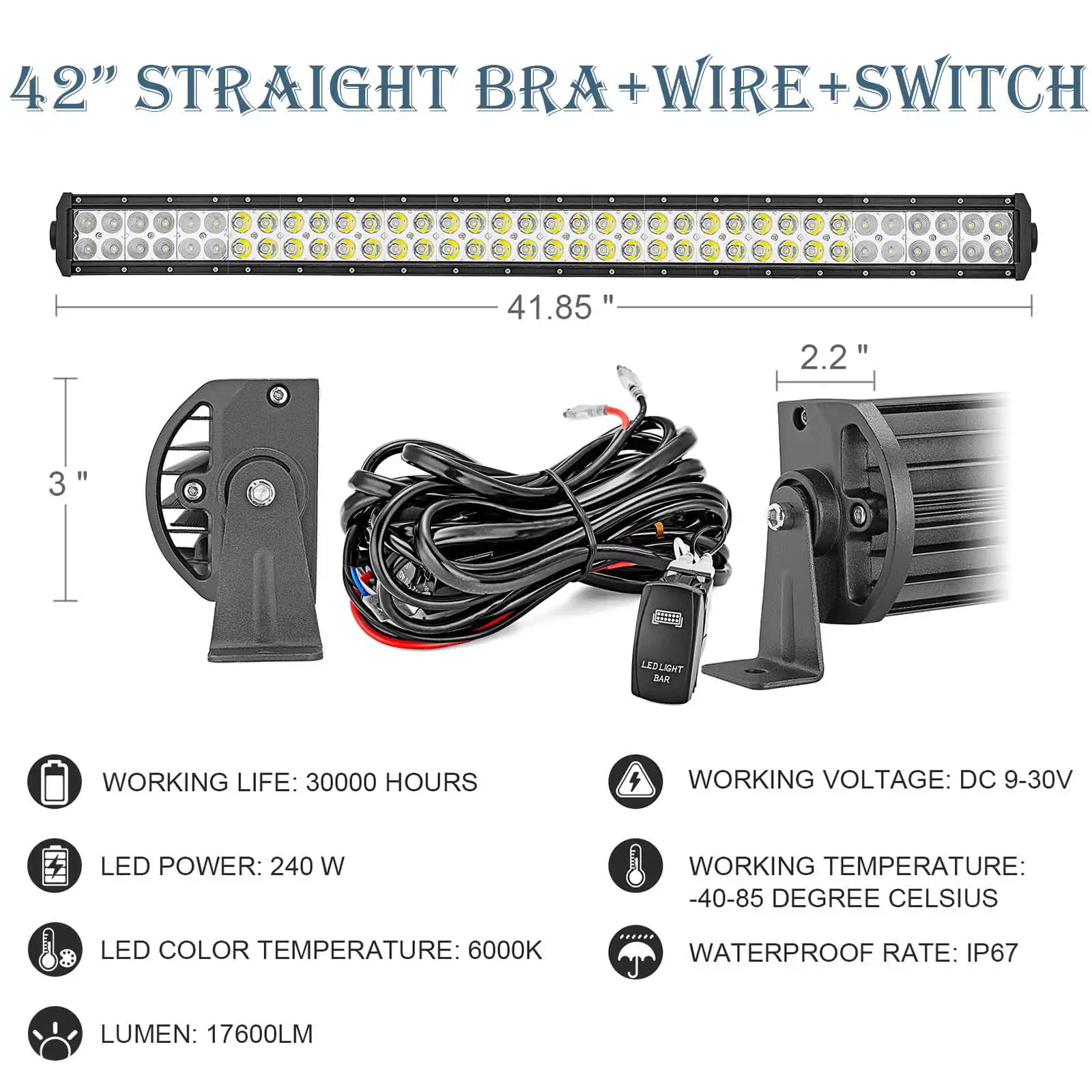 WEISEN- 42'' Straight Combo LED Work Light Bar Switch Wiring Kit Universal Fit Jeep SUV UTV ATV Ford Turck Car Part