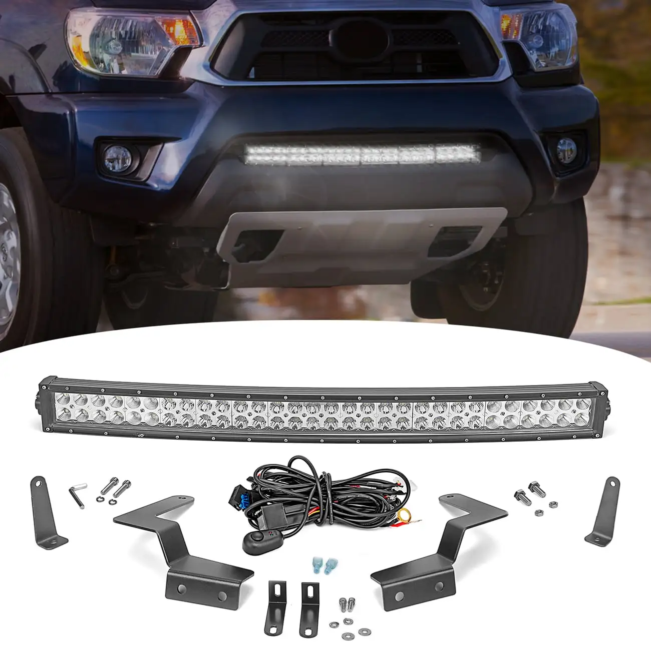 WEISEN - For 05-15 Toyota Tacoma Grille Bumper Mount Bracket + 32 Curved LED Light Bar + Wire Kit