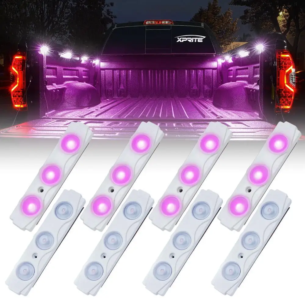 Xprite USA DL-001-L3-PE 8 LED Rock Light Pods Truck Bed Lighting Kit with Switch - Purple Fits select: 1975-2022 FORD F150. 1999-2022 CHEVROLET SILVERADO