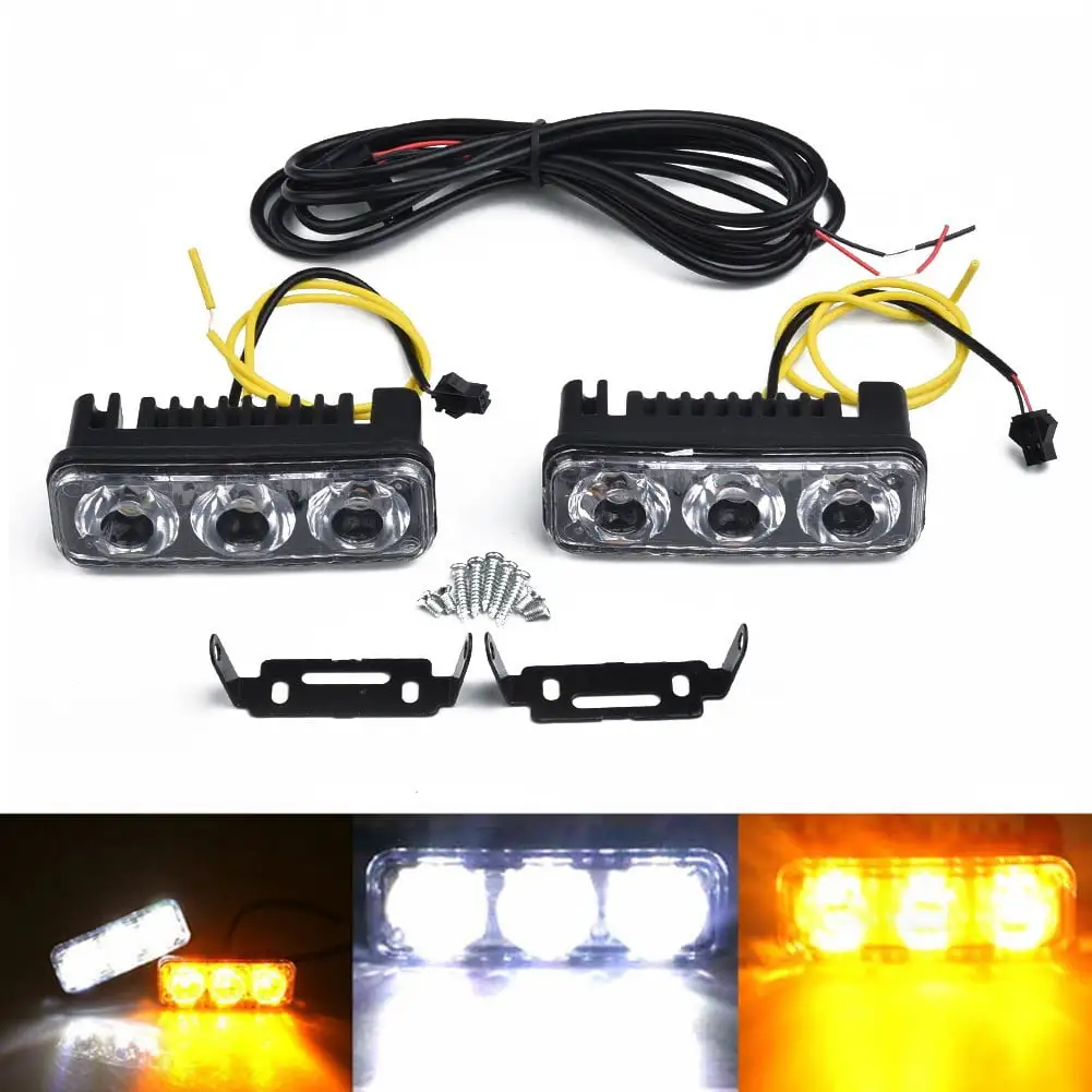 2*Car Daytime Running Lights 3-LED White DRL Amber Turn Signal Front Fog Lamp