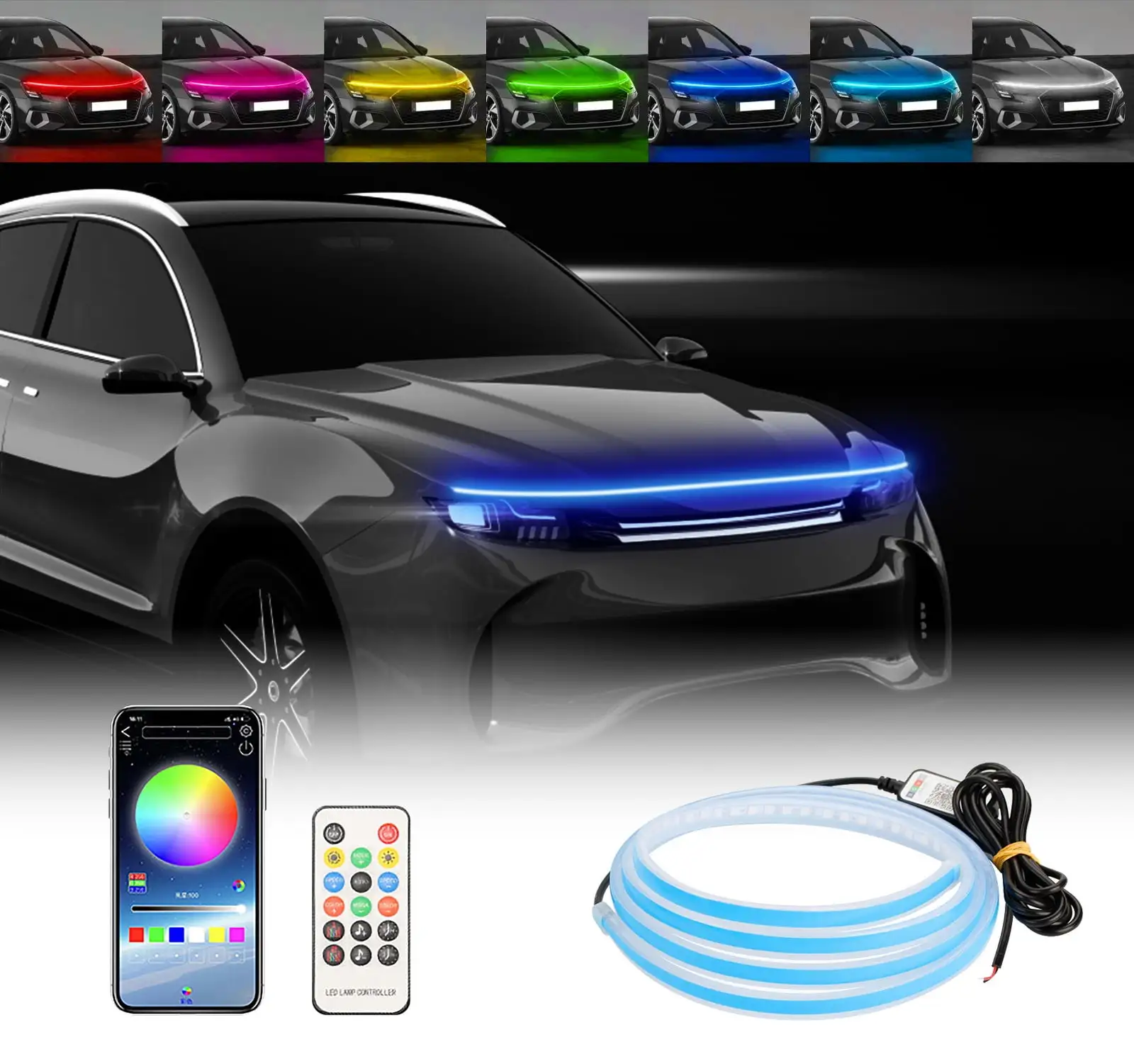 Motorcycles Other Exterior Accessories Exterior Lights Car Hood Light Strips With Dreamcolor Chas-ing Waterproof LED Daytime Running Light Strip Wireless APP And Remote For Cars 59/71 Inch Blue