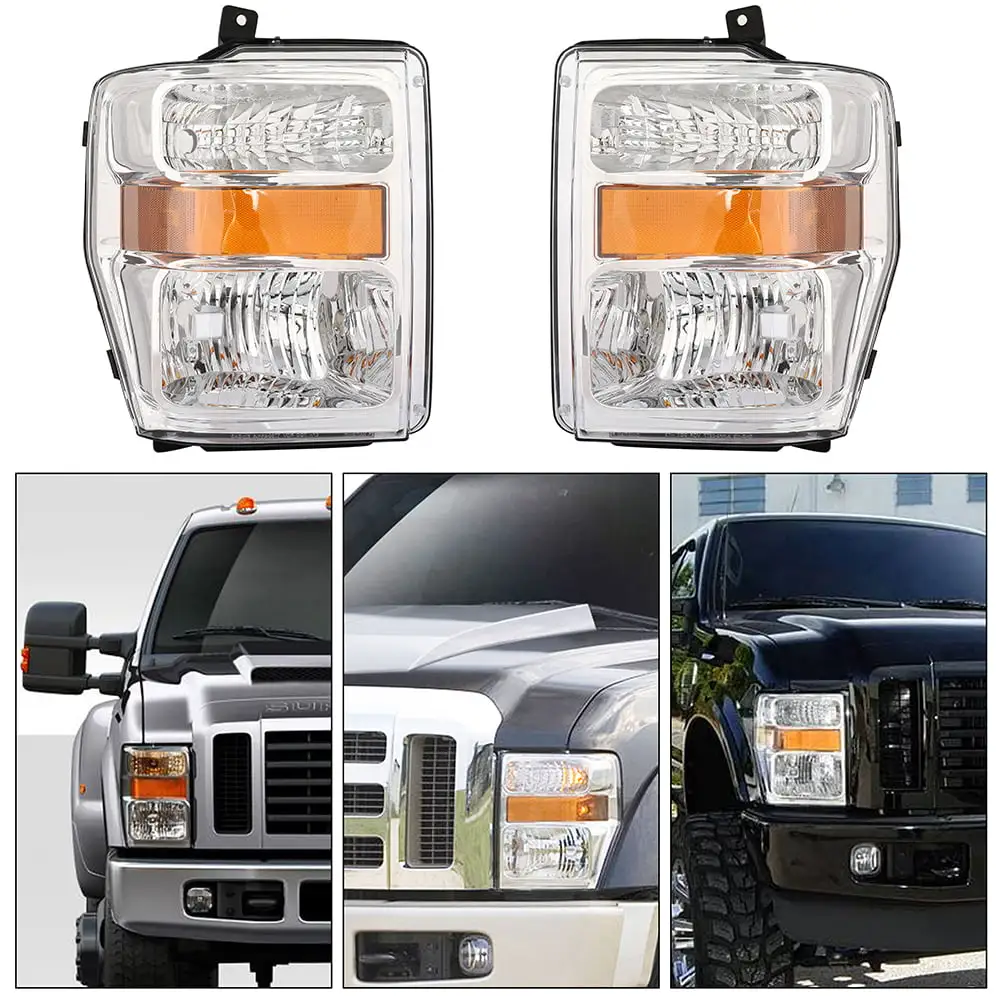 SCITOO Headlight Assembly Fit For Ford F-250.For Ford F-250 Super Duty.For Ford F-350.For Ford F-350 Super Duty.For Ford F-450 Super Duty Headlamp in Chrome Housing Amber Corner Clear Lens