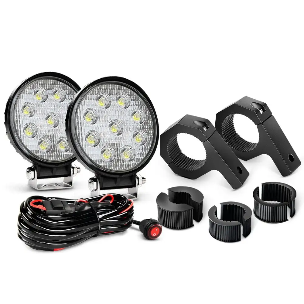 Nilight LED Light Bar 2 Pieces 27W Round Flood Driving Lamp and 2 Pieces Mounting Bracket Kit and 1 Piece 16AWG Wiring Harness Kit- 2 Leads