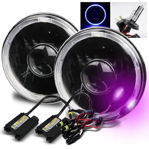 Modifystreet 12000K H4-2 HID + Blue LED Halo H6014/H6015/H6017/H6052/H6024 7 Round Semi-Sealed Beam Projector Headlights Conversion Kit - Black Housing