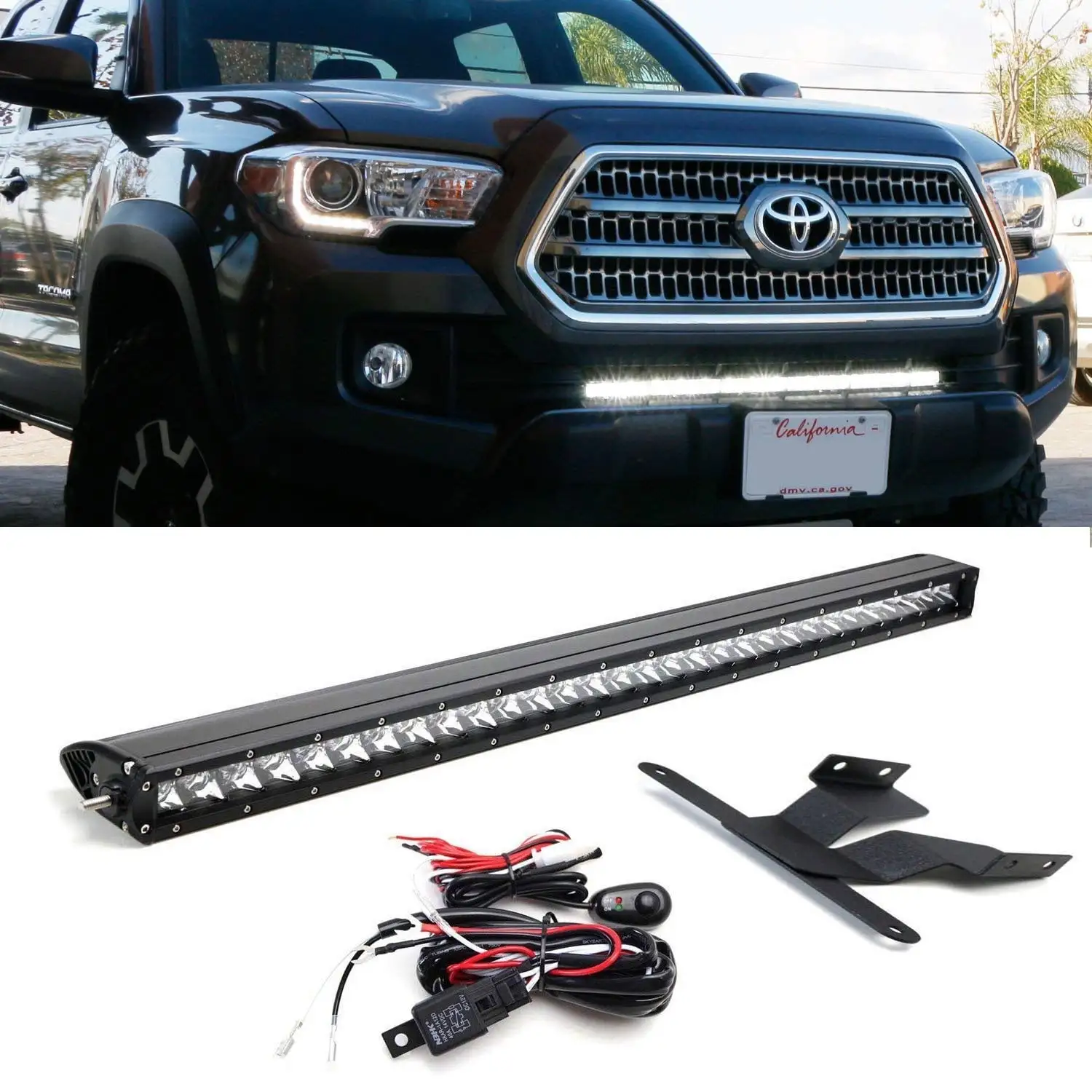 iJDMTOY 30 150W High Power CREE LED Light Bar with Lower Bumper Insert Mounting Brackets and On/Off Switch Wiring Kit For 2016-up 3rd Gen Toyota Tacoma