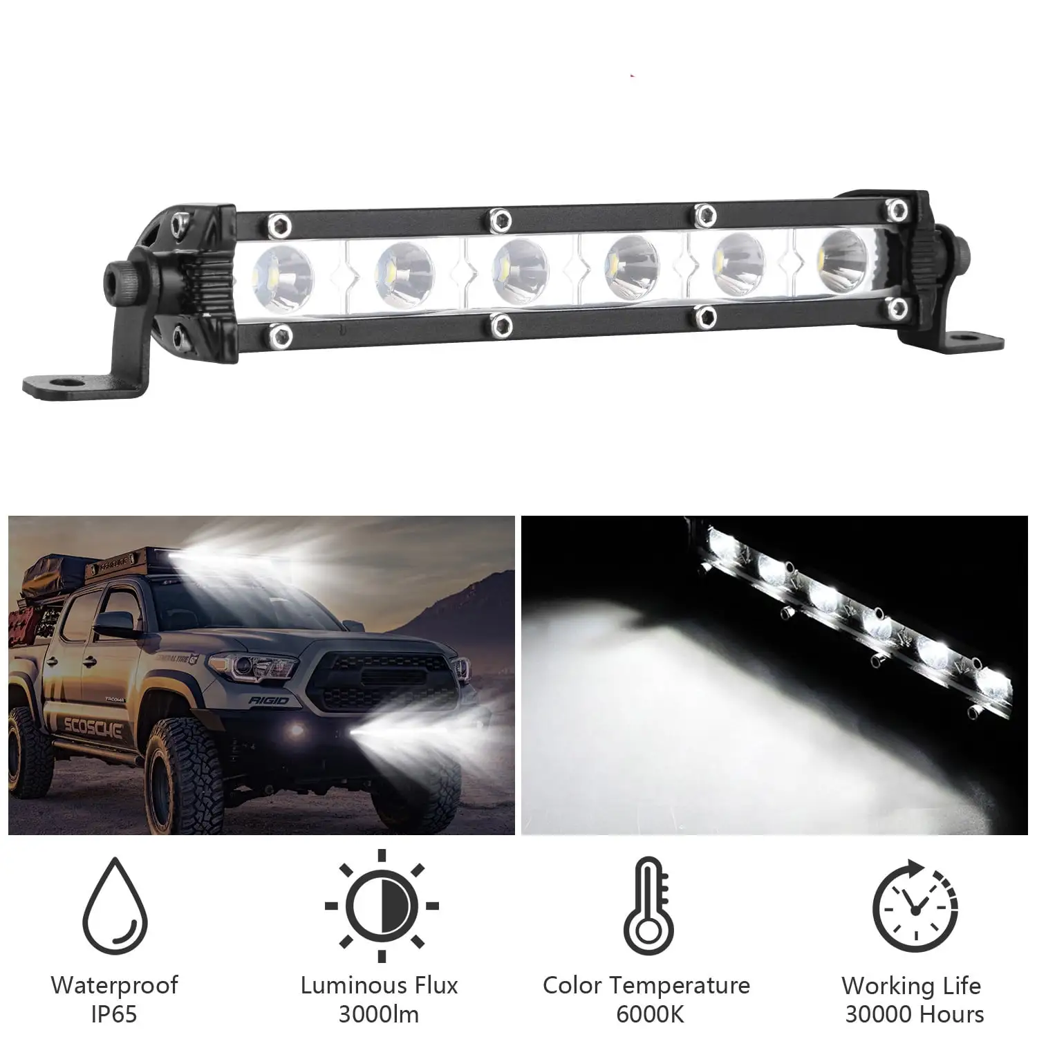 iMountek 7 LED Light Bar Single Row Offroad Spot Lights 18W Ultra Slim Straight Work Light